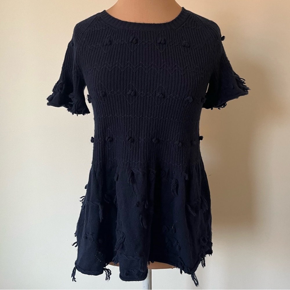 Barrie Scotland Blue Cashmere Rib Knit Fringe Short Sleeve Sweater Top EUC Sz XS